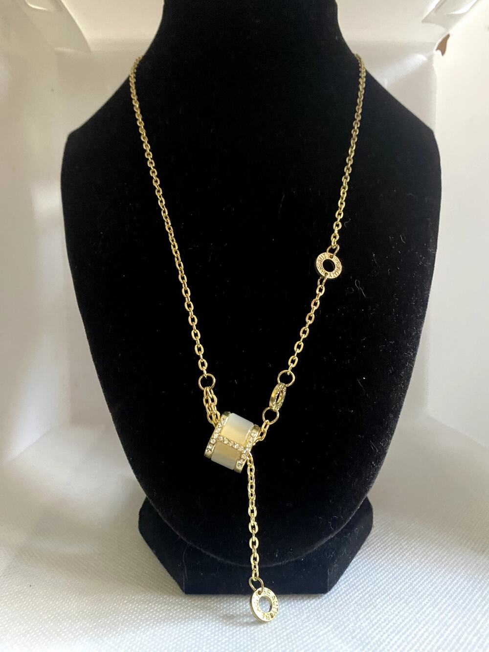 Gold Tone Necklace Cream Enamel Barrel Pendant Rhinestone Statement